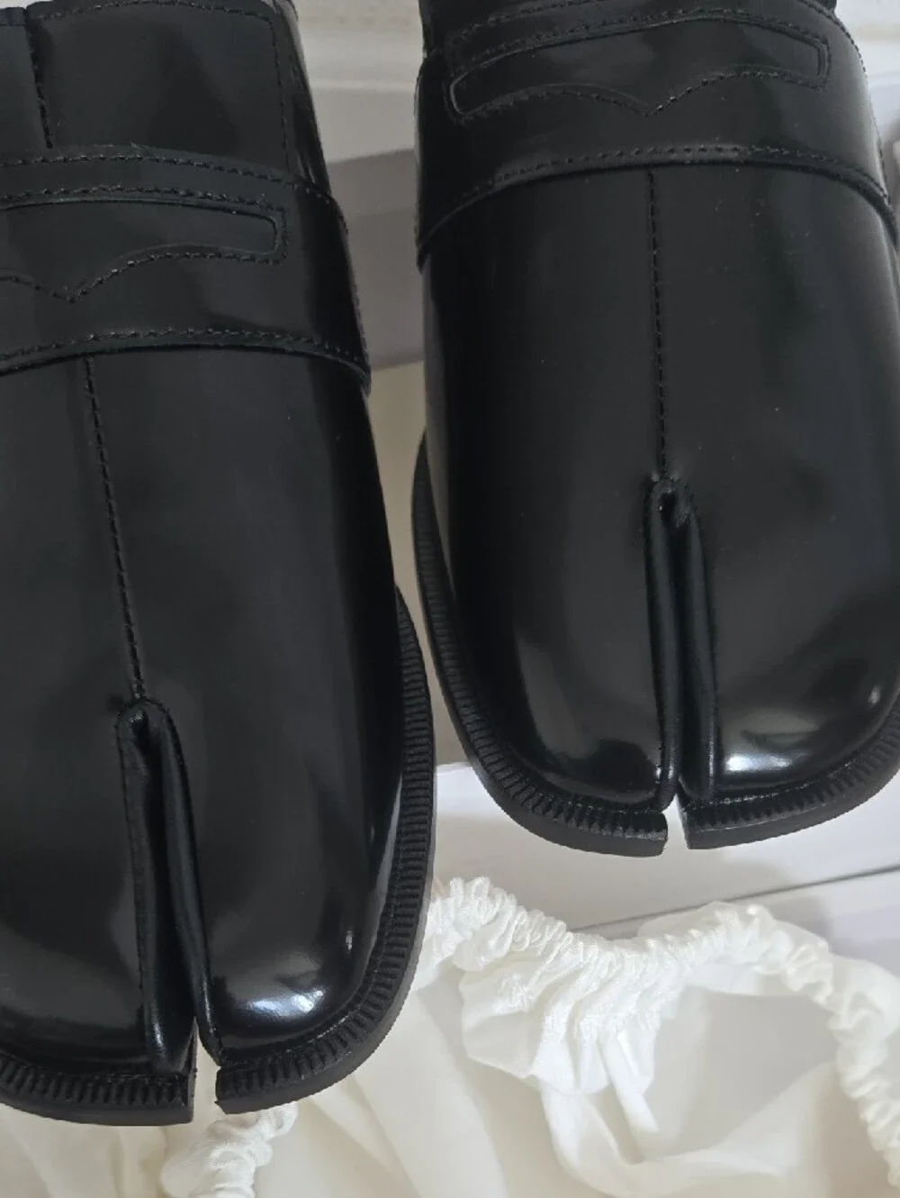 Black Fold-Heel Split-Toe Cowhide Leather Penny Tabi Loafers Size 43 Unisex